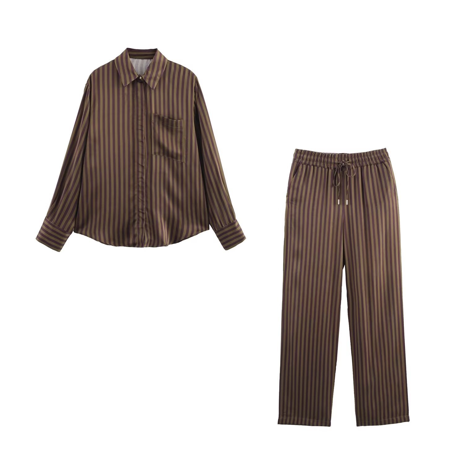 Gestreiftes Set Damen | Zweiteiliges Hemd & Hose Braun