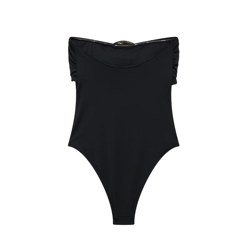 Eleganter Body Damen | Schwarz mit Gold-Brosche & Schleife