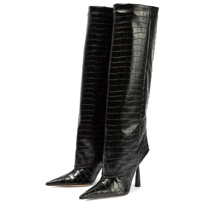 Elegante kniehohe Damen Stiefel in Braun & Schwarz mit Krokoleder-Optik