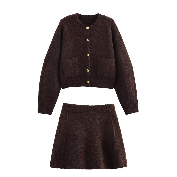Strickset Damen | Strickjacke & A-Linien-Rock in Braun