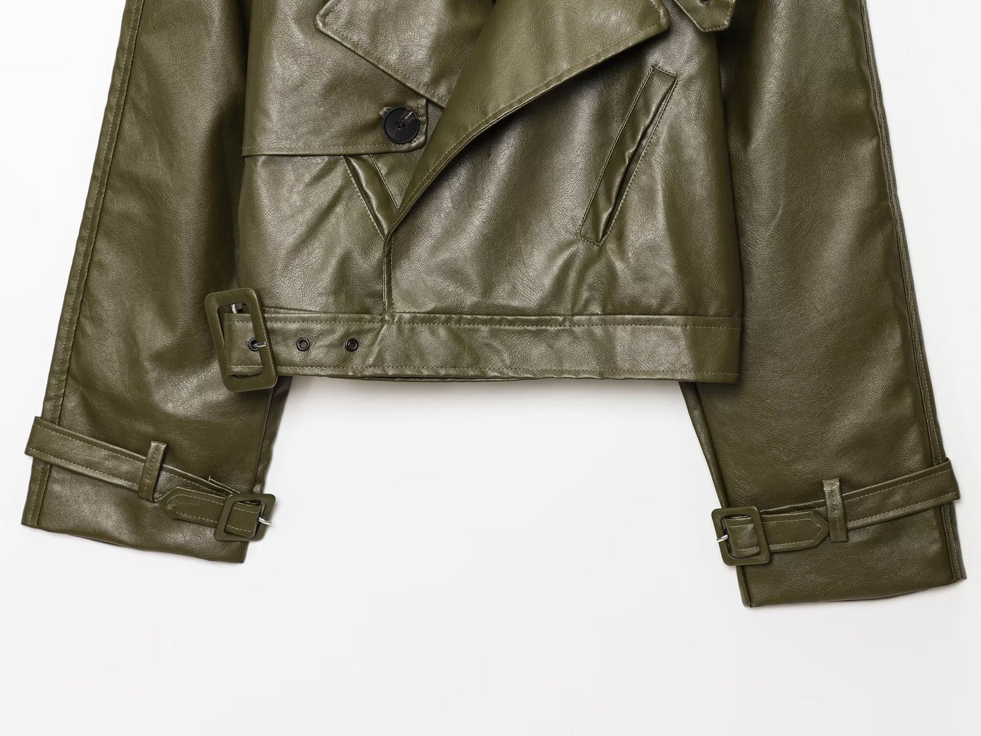 Kurze Motorradjacke Damen | PU-Lederjacke in Khaki