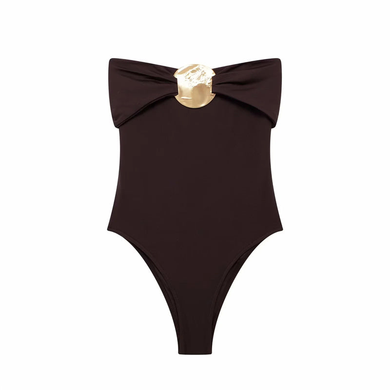 Eleganter Body Damen | Schwarz mit Gold-Brosche & Schleife