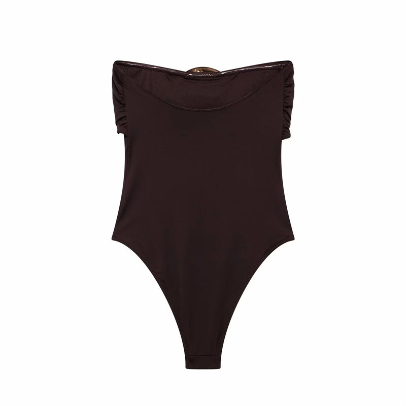 Eleganter Body Damen | Schwarz mit Gold-Brosche & Schleife