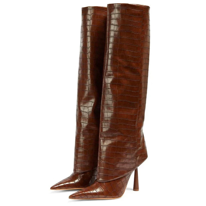 Elegante kniehohe Damen Stiefel in Braun & Schwarz mit Krokoleder-Optik