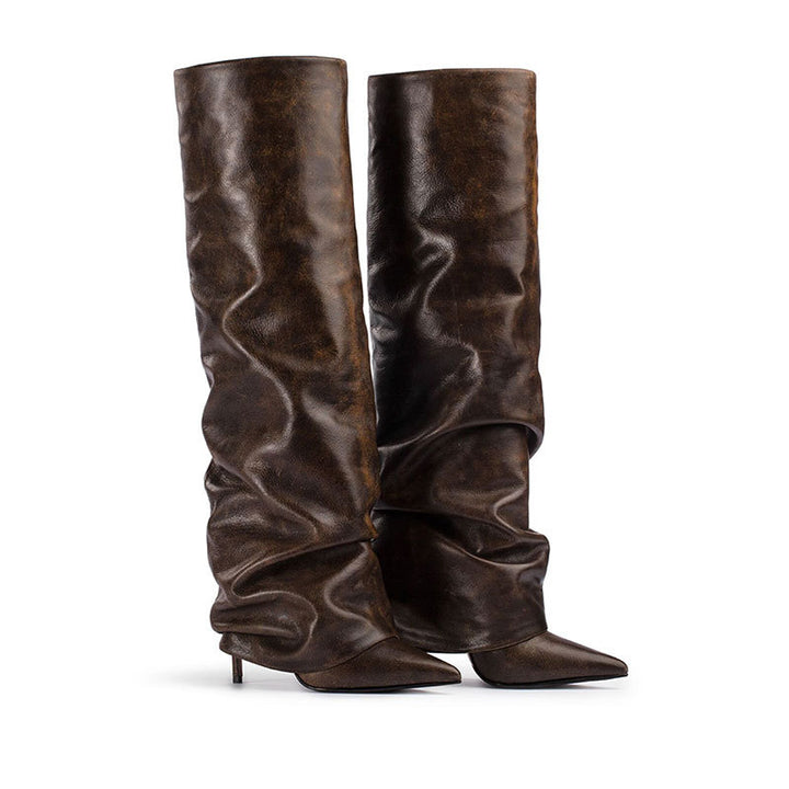 Kniehohe Stiefel Damen | Braun & Schwarz mit hohem Absatz & Spitze
