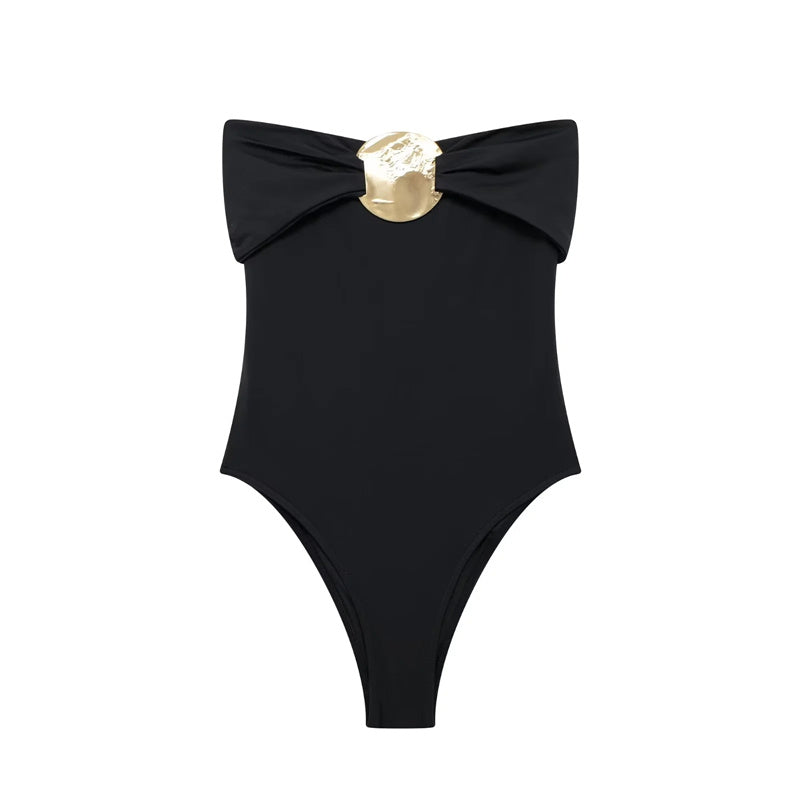 Eleganter Body Damen | Schwarz mit Gold-Brosche & Schleife