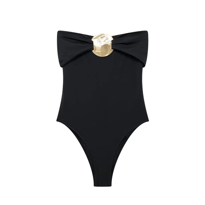 Eleganter Body Damen | Schwarz mit Gold-Brosche & Schleife