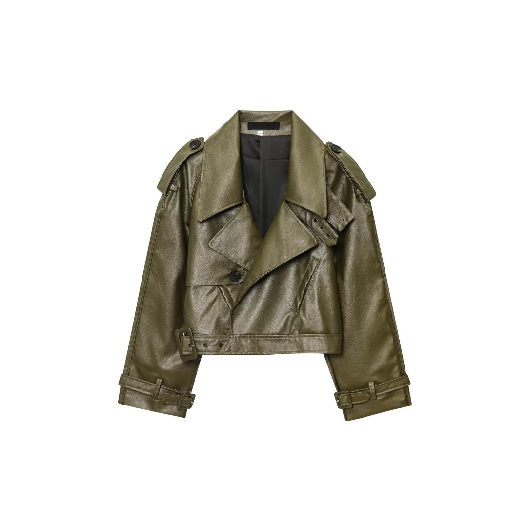 Kurze Motorradjacke Damen | PU-Lederjacke in Khaki