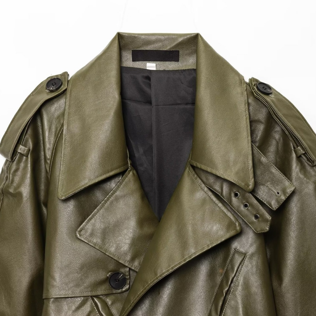 Kurze Motorradjacke Damen | PU-Lederjacke in Khaki