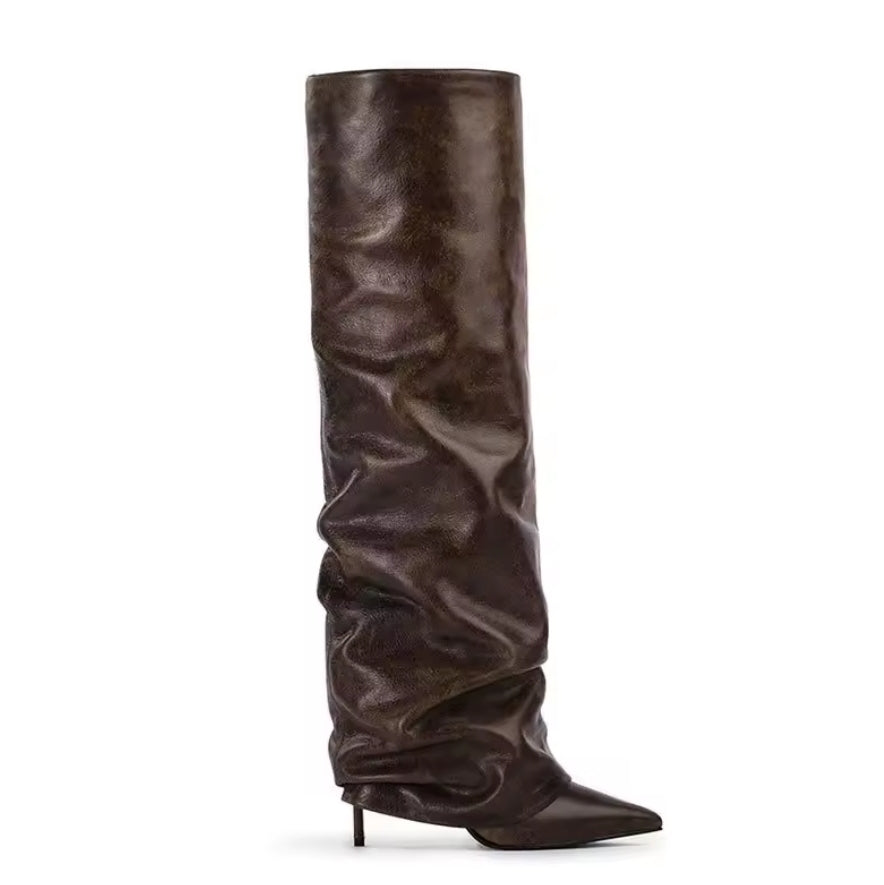 Kniehohe Stiefel Damen | Braun & Schwarz mit hohem Absatz & Spitze